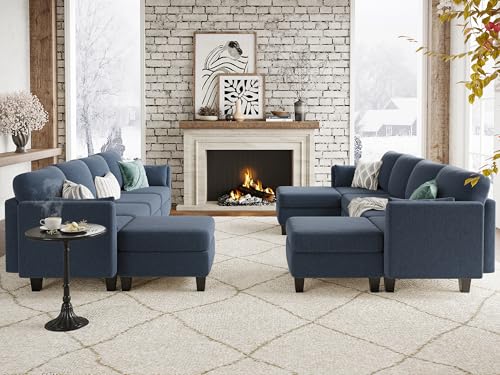 Modular Sectional Sofa, 6 Seat Comfy Modular Sofa Couch with High Density Memory Foam, Convertible U Shaped Sofa Couch for Living Room, Modern U Shaped Sectional Sofa Blue