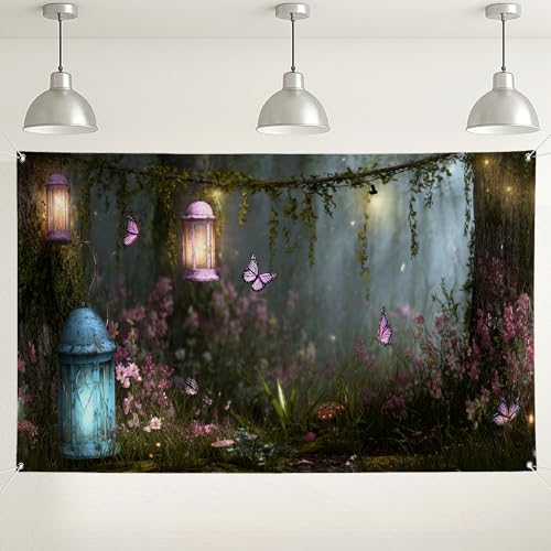 Fondo de pared de jardín de mariposas, decoraciones temáticas florales de cuento de hadas, fondo de fotografía azul melocotón para interiores y exteriores para eventos de fiesta de cumpleaños, 71 x 43