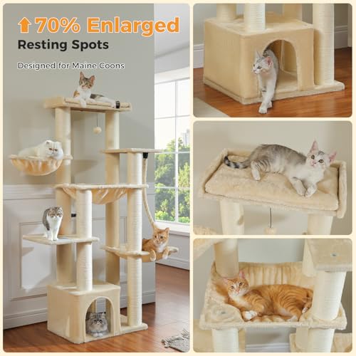 Image of MUTTROS Heavy Duty Cat Tree-67 Tall Cat Tower for Indoor Cats Large Adult with 7 Thick Sisal Scratching Posts (φ4.3), Multi-Level Condo, Big Perch & Hammocks for Maine Coon 20 lbs -Beige