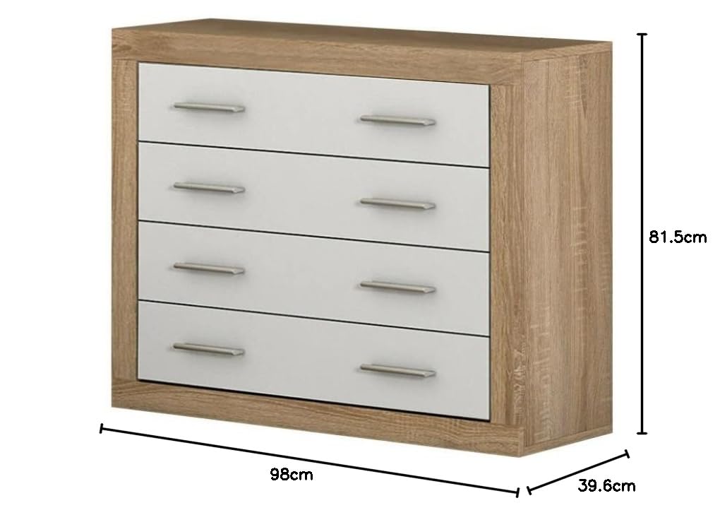 LIQUIDATOR Cómoda 4 Cajones Modelo Lara, Color Cambrian Blanco, Cómoda Dormitorio, Medidas: 81,5 cm (Alto), 98 cm (Ancho), 39,6 cm (Fondo)