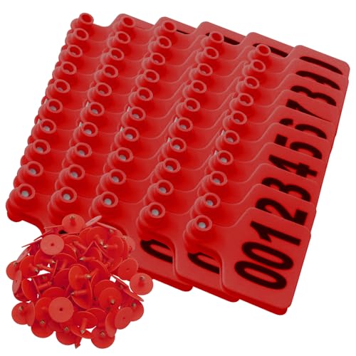 100PCS Cattle Ear Tags Numbered 001-100,Plastic Livestock Ear Tags with Animal Identification Tags for Cattle Cows Hogs Pigs Sheep Goats (RED)