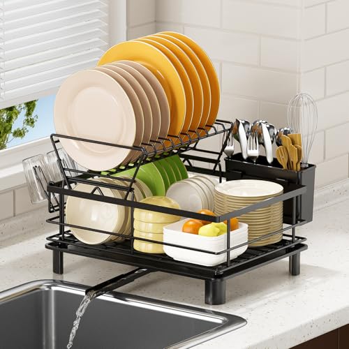 PKBD 2 Tier Dish Drainer Rack,Multifunctional/Detachable Dish Rack with Swivel Drainage Spout,Utensil Holder,Cup Holder,Rust-proof Carbon Steel/Space-Saving Dish Drying Rack for Kitchen Counter,Black - Image 7