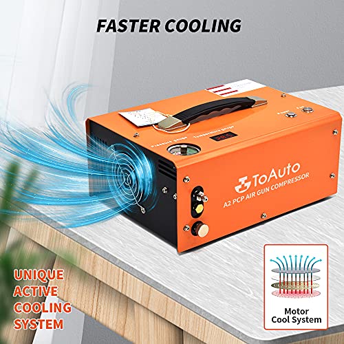 TOAUTO A2 PCP Air Compressor, Auto-Stop, Portable 4500Psi/30Mpa, Oil/Water-Free, 8MM Quick-Connector HPA Compressor for Paintball/PCP Air Rifle/Scuba Tank, Powered by Home 110V AC or 12V Car DC