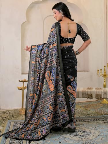 Image of SIRIL Women's Printed Silk Saree with Zari Border & Tassels