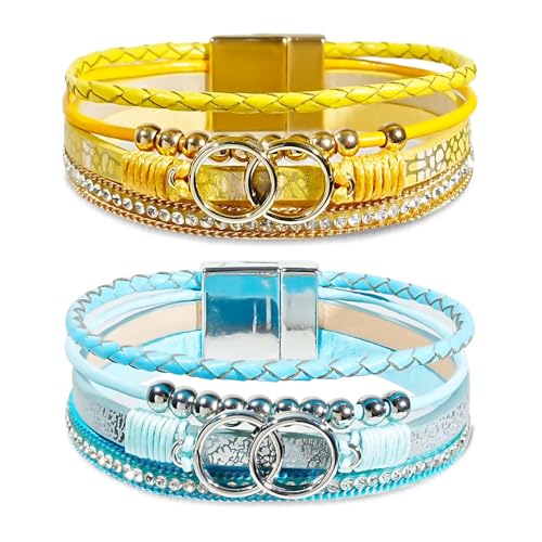 COAUXOG 2Pcs Boho Bracelets Woven Leather Multi-Layer Wrap Bracelet Heart Shape Inlaid Rhinestone Stackable Fashion Women Bracelet Jewelry (Yellow+Blue)