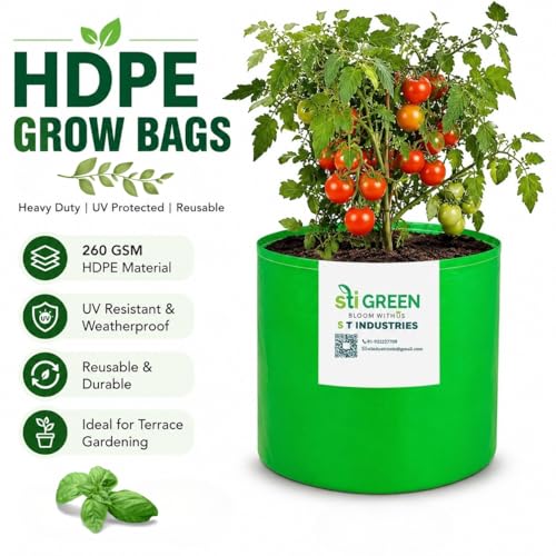 Image of HDPE Grow Bags for Plants 10X10 Inch (Pack of 10) | 260 GSM Heavy Duty UV-Protected Round Green Colour Plant Bags for Terrace and Vegetable Gardening | Strong & Reusable|