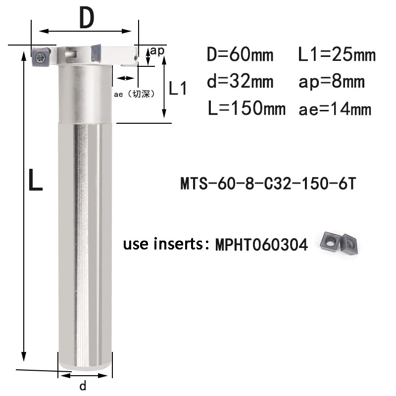 1pc MTS H06 H08 T-Slot Milling Cutter Holder CNC Grooving Tool 6mm 8mm Thickness Three Sides End Mill Shank Inserts MPHT(60-8-C32-150-6T)