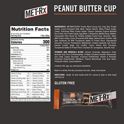 Met-Rx Protein Plus Bar, Great As Healthy Meal Replacement, Snack, And Help Support Energy, Gluten Free, Peanut Butter Cup, With Vitamin A, Vitamin C, And Zinc To Support Immune Health, 85 G, 9 Count #TOP1