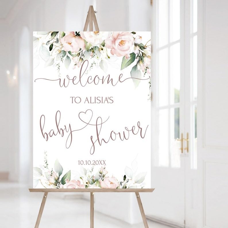 Personalized Blush Pink Baby Shower Welcome Sign, Editable Rose Welcome Sign Template, Custom Printable Baby Shower Poster, Floral Welcome Board Decor, Personalized Welcome Signs for Baby