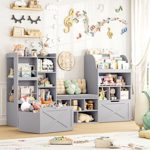 FINETONES 75” W Kids Bookshelf with Reading Nook, Large Toy Storage Toy Organizer with Seat Cushion and 2 Movable Drawers, Kids Reading Nook Kid Bench for Playroom Living Room, Grey