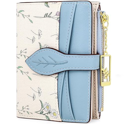 Small Wallet Womens Blue Flower Cute Wallets for Ladies Slim Change Purse for Ladies Bifold Wallet Womens With Zipper Coin Pocket Purses Card Holder for Women