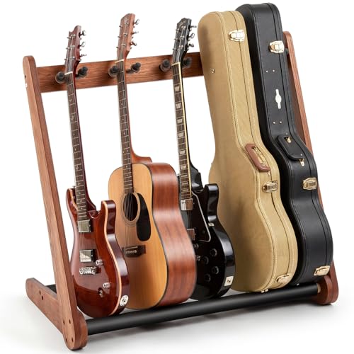 Leinuosen 5 Guitar Rack with U Hook, Heavy Duty Wood Floor Stand for Multiple Guitars and Cases...