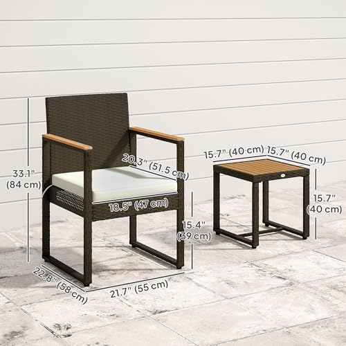 Outsunny 3 Pieces Wicker Patio Furniture Set, Rattan Bistro Set w/ 2 Patio Chairs, Acacia Wood Table & Removable Cushions, Patio Conversation Set for Porch, Balcony, White - Image 8