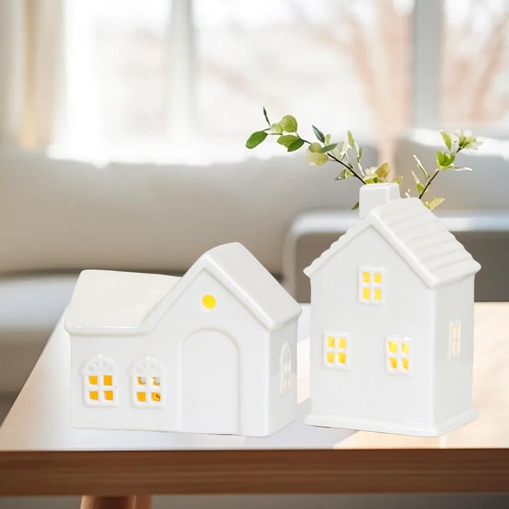 Maison de village de Noël en céramique blanche, ensemble de village de Noël, maisons de village de Noël éclairées par LED, maisons de ville en porcelaine blanche, collection de scènes de Noël pour la