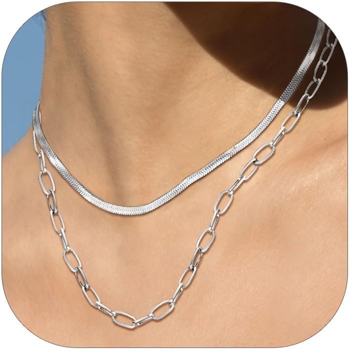 FOCALOOK 14K Gold Plated Necklaces for Women, Fashion Herringbone Choker Necklace Stainless Steel Flat Snake Chain 3/5MM(W) 12.5"/15"/18"+3.5"(L)