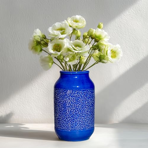 Wancetang Blue Ceramic Flower Vase - 9 Inch Decorative Vase for Pampas Grass, Modern Texture Vase for Decor, Fireplace, Bathroom, Table, Shelf, Living Room, Kitchen Decor