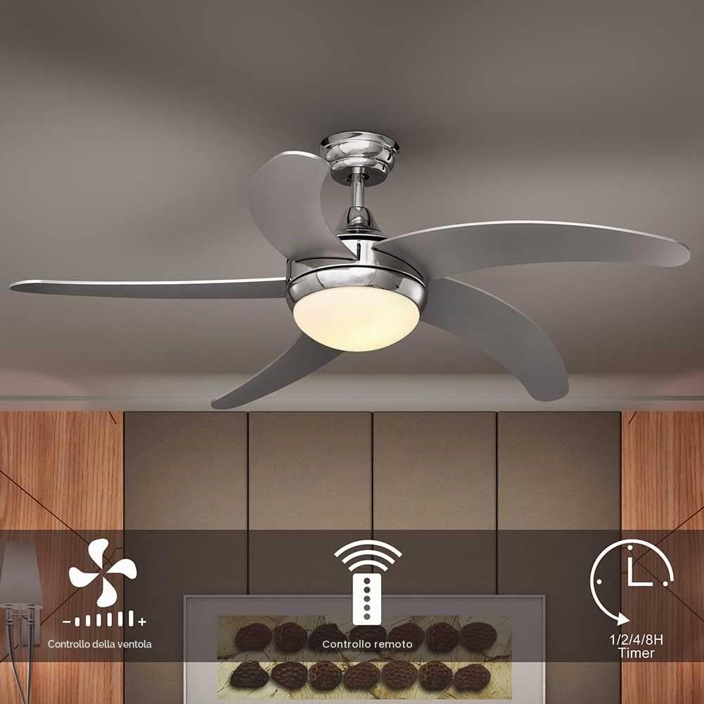BAKAJI Ventilatore Lampadario da Soffitto 5 Pale in Legno con Lampada in Vetro Satinato 3 Velocità Inversione Rotazione Funzione Timer e Telecomando Attacco 2 Lampadine E27 Max 40W Diametro 132cm