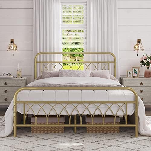Yaheetech Queen Bed Frame Metal Platform Bed with Petal Accented Headboard/Footboard/14.4 Inch Under Bed Storage/No Box Spring Needed,Antique Gold