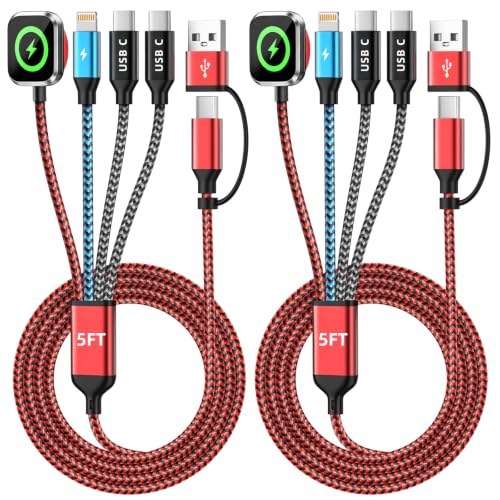 Image of Travel Essentials 4 in 2 Multi Charging Cable for iWatch Charger 2Pack,5FT | Camping /Vacation /Cruise Essentials 2026 with Dual Type-C / Apple Watch Charger /IP for iWatch 11-2 /Ultra,iPhone 17-8,Galaxy,Car