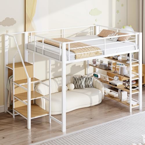 Soweiz Cama alta de 140 x 200 cm, con escalera de seguridad, espacio de almacenamiento y armario pequeño, estantes, diseño de valla alta, cama individual