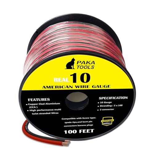 PAKA TOOLS Speaker Wire (100 Feet), Copper Clad Aluminum, CCA Thick Gauge Copper Wire for Stereo, Surround Sound, Home Theater, Radio (Black/Red, 100 Feet,one Spool) (10 Gauge)