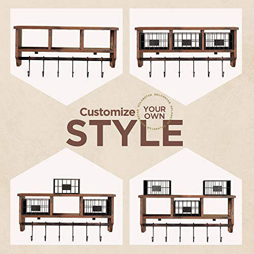 Rolanstar Wall Mounted Shelf With Hooks, Entryway Organizer Shelf With Storage Basket, Wall Mount Coat Rack With 6 Hooks, 24” Coffee Bar Hanging Shelf For Living Room,Bathroom,Kitchen,Rustic Brown #TOP4