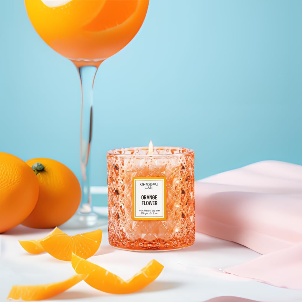 Chloefu LAN Orange Blossom Candle, Natural Soy Scented Candles for Stress Relief, Holiday Candle Gifts, 55 Hours Smokeless Long Lasting Burning, Great Gift for Women & Men