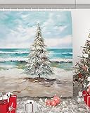Coastal Christmas Tree Waterproof Shower Curtains Set - Standard 72 x 72 Inch, Modern Oil Painting Beach Xmas Tree Polyester Fabric Bathroom Curtain with 12 Hooks, Bathroom Accessories, 1 Panel