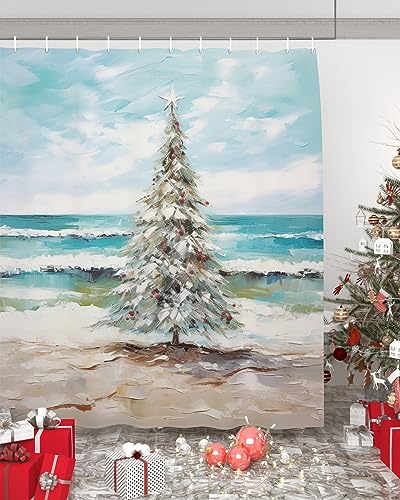 Coastal Christmas Tree Waterproof Shower Curtains Set - Standard 72 x 72 Inch, Modern Oil Painting Beach Xmas Tree Polyester Fabric Bathroom Curtain with 12 Hooks, Bathroom Accessories, 1 Panel