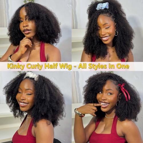 Kinky Curly Human Hair Half Wig 200% Density Glueless Drawstring Wig
