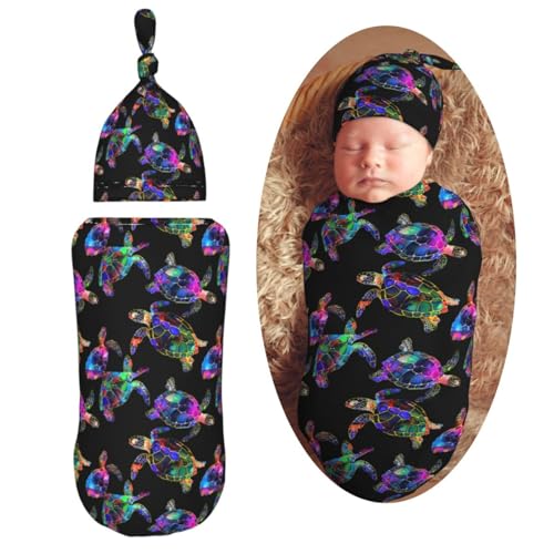 Image of Sea Turtle Newborn Swaddle Blanket with Beanie Set Soft Baby Sack Stretch Adjustable Swaddle Wraps Receiving Blankets