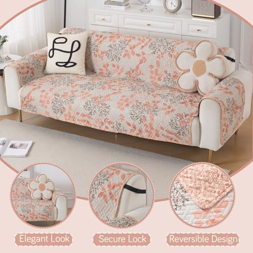 Image of HOKIPO AB Dual Design Quilted Sofa Cover 5 Seater, 3+1+1 Sofa Cover Set, Easy Drape Series, Peach Leaves (NEW-IN-1101 + IN-1099 * 2-ED3)