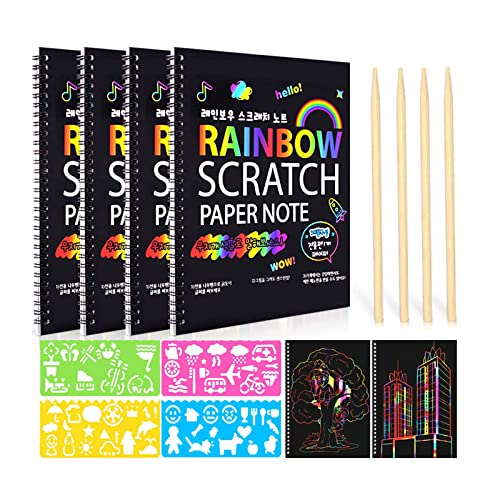4 Pack Scratch Arts Drawing Notebook for Kids Drawing Pad, Large Rainbow Scratch Drawing Paper Set for Kids Art Supplies (with 4 Wooden Stylus & 4 Drawing Stencils