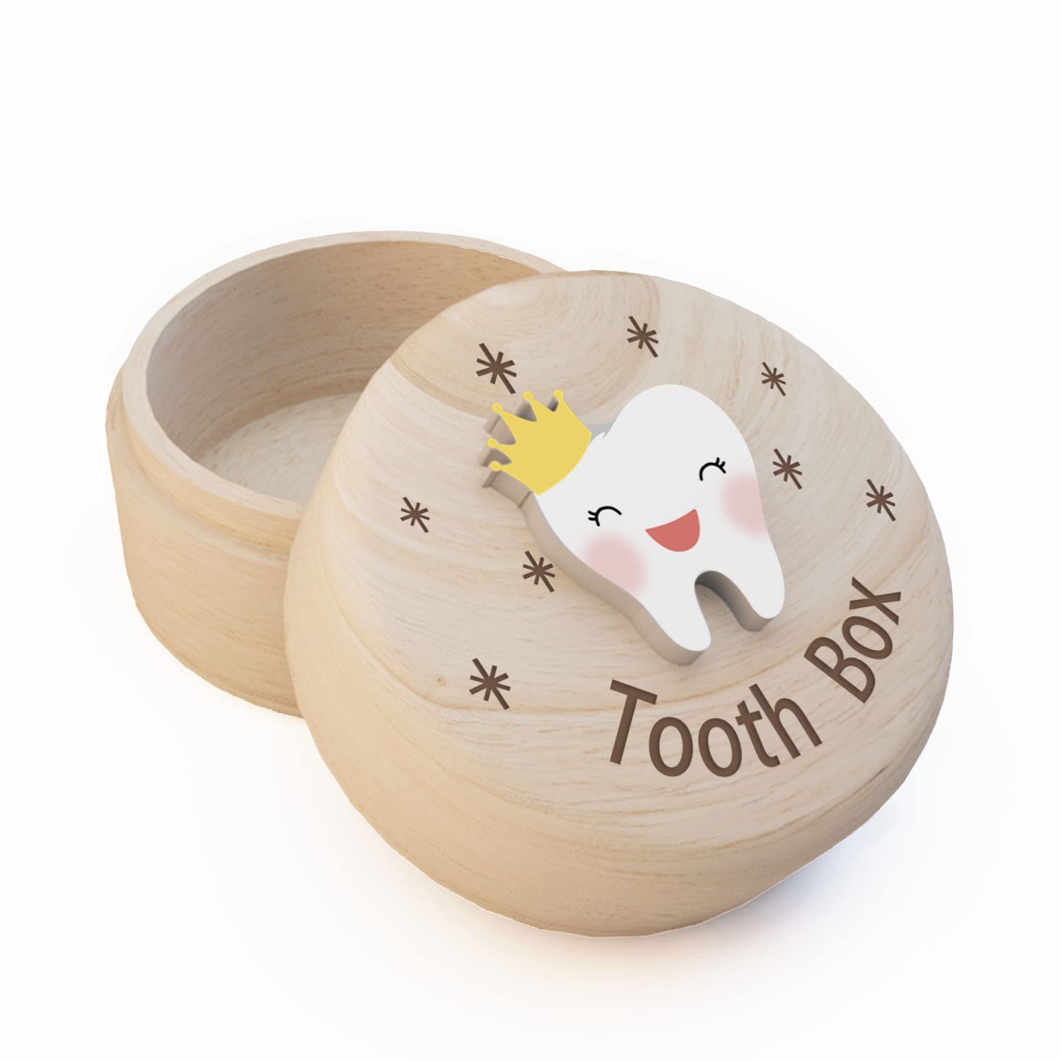 Azbuk Tooth Box for Girls, Snowflake Carved Wooden Box with 3D Tooth, Stores Lost Teeth for Childhood, Souvenir Dropped Tooth Keepsake Storage Box Gift for Little Princess Girl（crown-T）-image-18