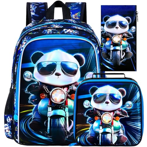 Image of CCJPX 3PCS Backpack for Boys, 16 Inch Kids Panda Water Resistant Preschool Backpacks, Cool Kindergarten School Bookbag Set for Teen Travel