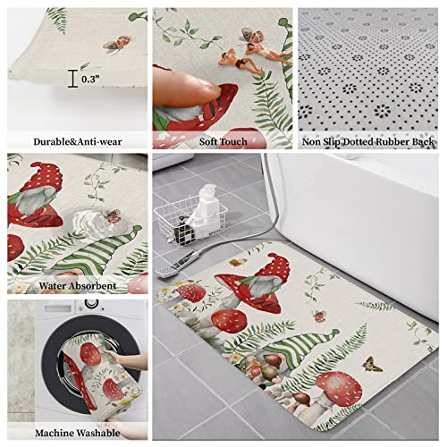 Possta Decor 2 Pieces Kitchen Rugs Set Spring Gnome Red Mushroom Vintage Linen,Water Absorbent Soft Doormat Area Runners Garden Vegetable,Non-Slip Bath Mat For Entryway Bathroom Laundry #TOP5
