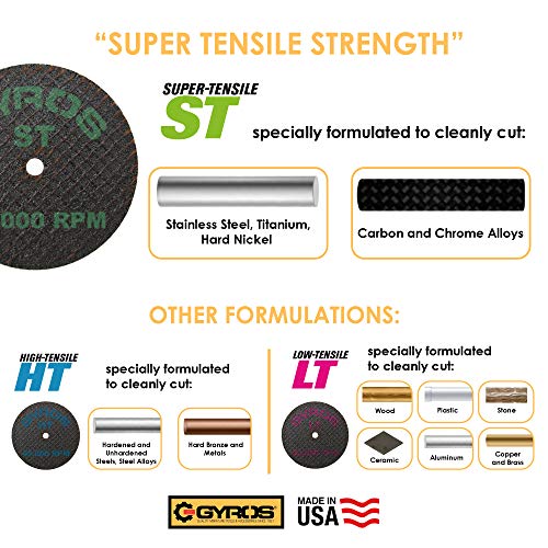 Gyros 1.5” Mini Resin Cut-Off Wheels For Rotary Tools; 12 Double Fiberglass Reinforced Cutting Discs; Super-Tensile Materials Like Titanium, Carbon; Dremel Cutting Tool Accessory; Made In Usa 11-41502/12 #TOP2
