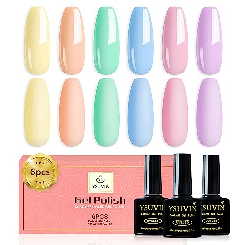YSUVIN Smalti Semipermanenti per Unghie Pastello, 6 Colori Macaron Rosa Chiaro Azzurro Ciano Viola Chiaro Primavera Estate Semipermanente Unghie Kit Soak Off UV/LED per Femminile DIY Nail Art