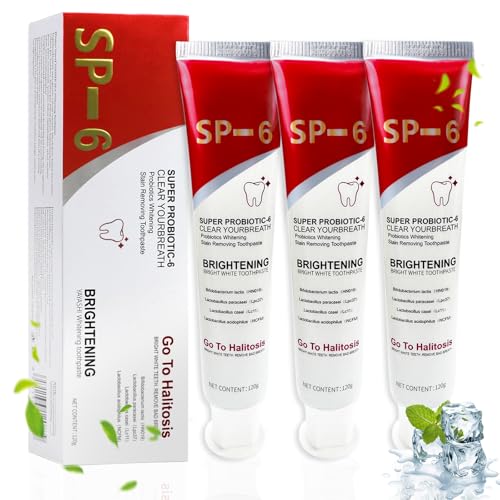 Puasok 3 Pezzi SP-6 Dentifricio Sbiancante Probiotico, Dentifricio con Probiotici per Pulizia Profonda, Alito Fresco e Smalto Protetto, Formula Naturale e Delicata, 120g per Tubo