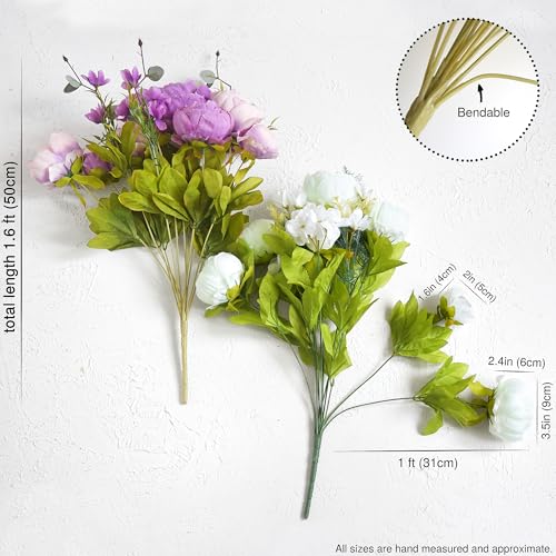 Image of FiveSeasonStuff Artificial Peonies Bouquet - Set of 2 Whimsical Lavender Bliss Silk Flowers, Purple and White Blooms, Multiple Stems per Main Stem, for Weddings, Home Decor, DIY Floral Arrangements