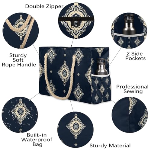 Ethnic Art Floral Beach Bag for Women Waterproof Pool Bag Sandproof Large Tote Bag with Wet Pocket Handbag with Zipper for Gym Beach Travel Work3