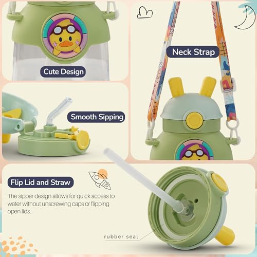 Image of Baybee Bubbly Kids Sipper Water Bottle 670ml | BPA Free & Leakproof Safe Sipper Bottle with Straw | Cute Rabbit Design Smooth Sipping with Handle & Neck Strap, Flip Lid for School Kids & Babys (Green)