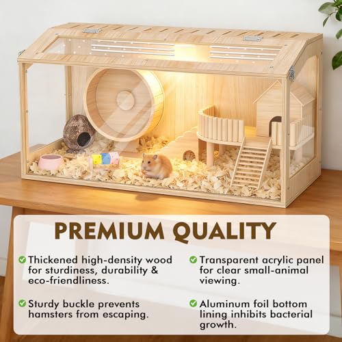 XiaZ Wooden Hamster Cage,30 Inch Hamster Cage with Panoramic View and Ventilated Top, Spacious Acrylic Glass Habitat for Syrian Dwarf Hamsters and Degus, Natural Wood Frame Enclosure - Image 3