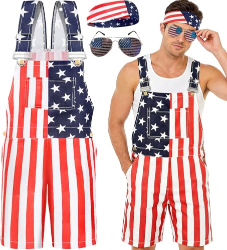 Yi-gog American Flag Coveralls for Men Bib Overalls Festival Jumpsuits Shorts Romper Women Fashion Multi Side Pockets Cargo (US, Alpha, XX-Large, Regular, Regular, Flag Overalls)