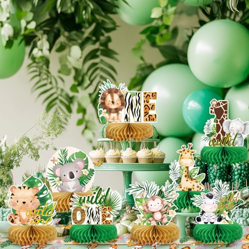 Image of Wild One Birthday Decorations Jungle Baby Shower Honeycomb Centerpieces for Boys and Girls,8 Pcs Safari Centerpieces and Confetti Table Decorations, Safari Jungle Animals Party Decor