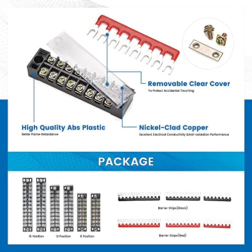 Greluma Klemmenblock und Streifen – 6 Sets 8/10/12 Positionen 600V 15A Zweireihiger Schraubklemm-Leisten-Block mit Abdeckung + 400 V 10 A vorisolierte Klemmen Absperrstreifen Jumper