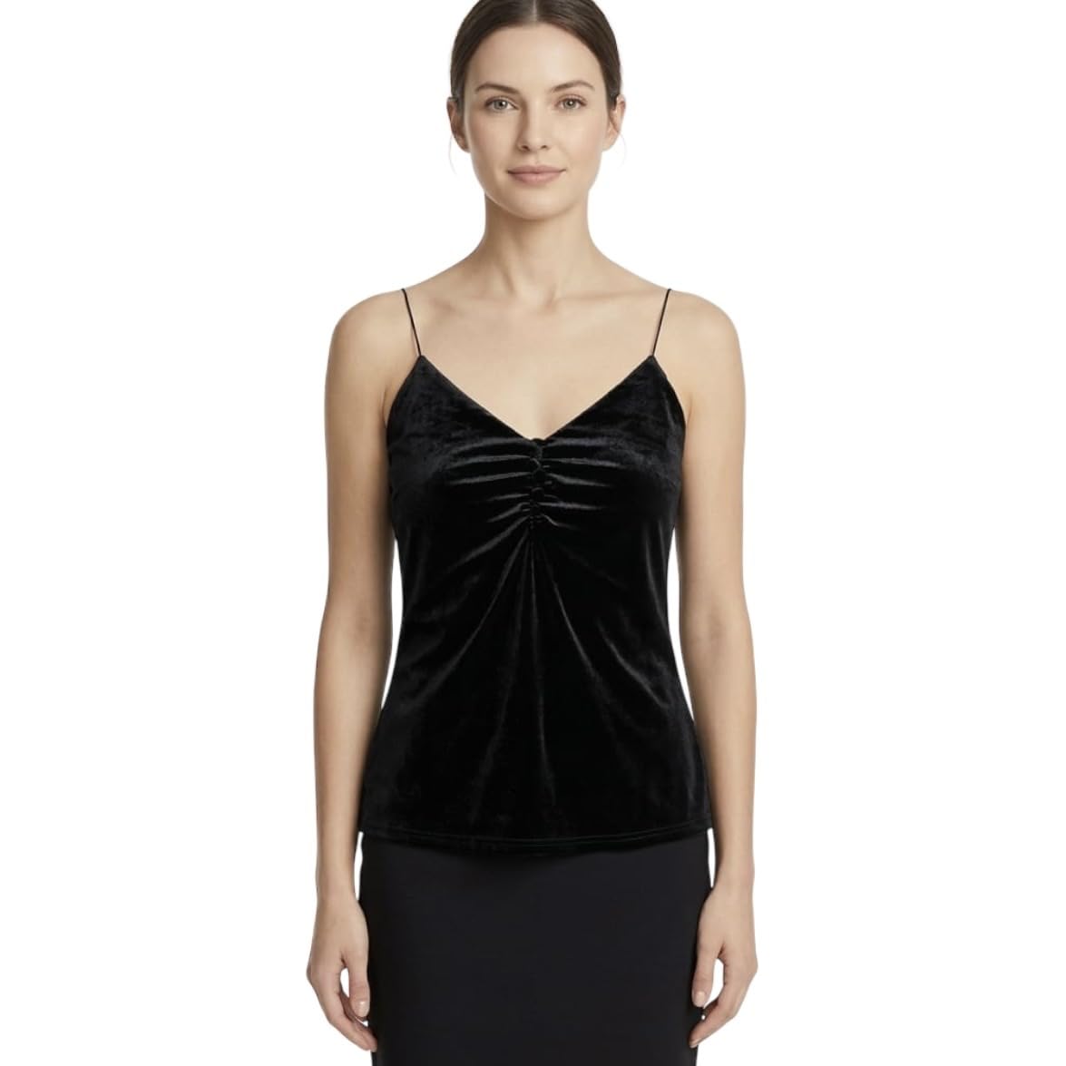 Womens Black Knit Camisole Top Single Piece Limited Availability Spaghetti Strap V Neck Sleeveless Boutique Essential One of One Garment for Women-image-8