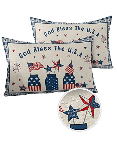 Outdoor Pillows Waterproof Pillow Covers Set of 2 July 4th Stars American Flag Polyester Throw Pillow Covers Garden Cushion Case for Patio Funiture Sofa Decoration 20x12inch Memorial Day Stars