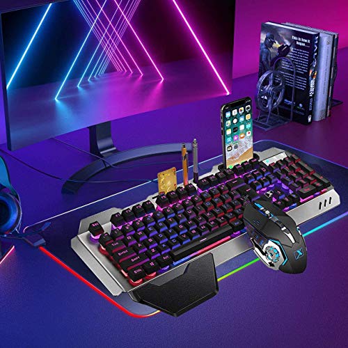 Felicon Wired Game Keyboard And Mouse Combo, Rgb Led Backlit Mechanical Feel Keyboard With Hand Rest Phone Holder,And 6 Button 3200 Dpi Mice And Large Rgb Mouse Pad For Computer Gamer Office #TOP1