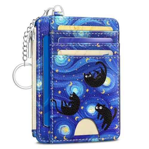 Image of Kelvoris Black Cat RFID Wallet Women Credit Card Holder, Small Slim Cute | Keychain, Zipper Coin Pocket, Front Pocket Thin Travel Card Case, Minimalist, 6 Card Slots, 1 ID Window, Ladies Gifts Woman